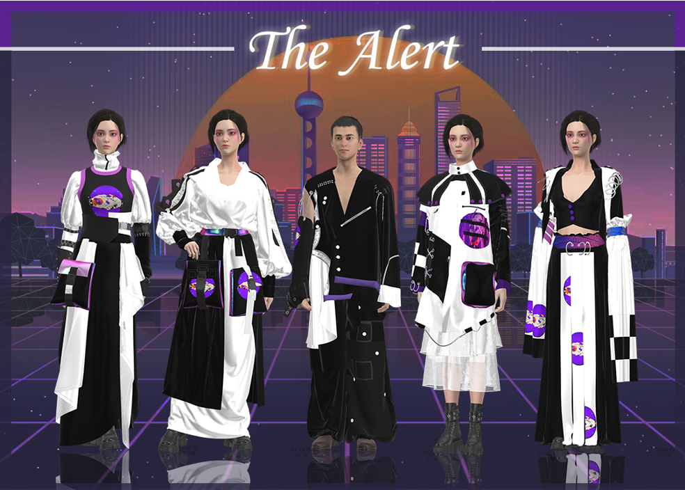 A black, white and purple digital fashion collection shown as a complete lineup