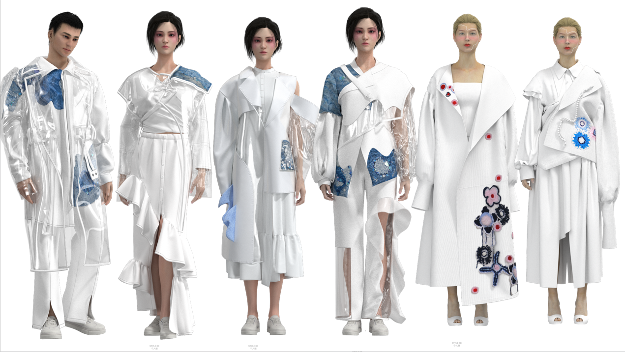 A coordinated white and blue fashion collection shown on six digital models