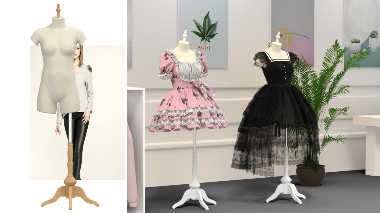 Digital dress development examples displayed on dress forms