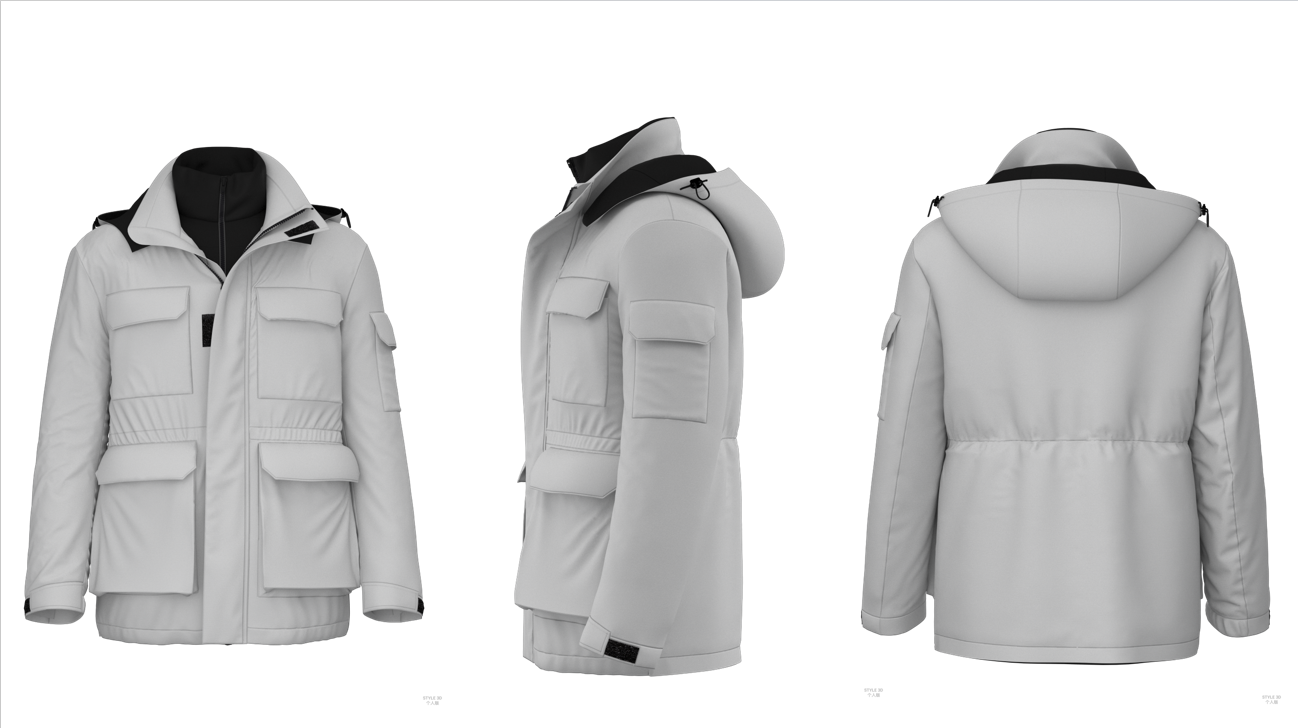 Front, side and back 3D views of a technical utility jacket