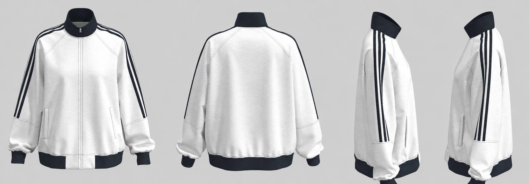 Front, back and side views of a 3D track jacket