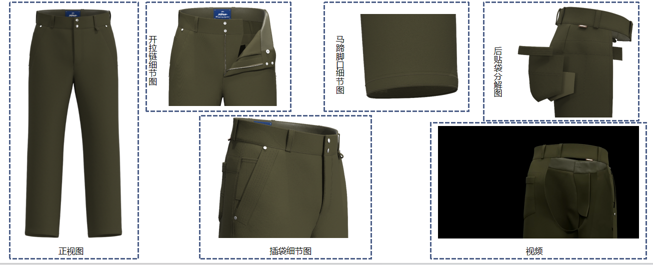 3D trouser development sheet showing the front view, zipper, hem, pocket and waistband construction details