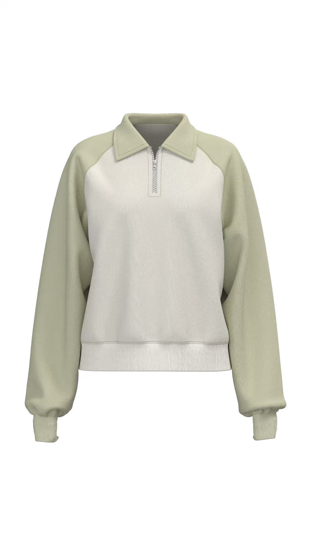3D visualization of a two-tone zip polo sweatshirt