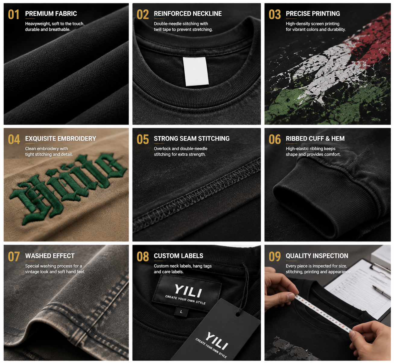 Nine YILI Clothing product details including premium fabric, reinforced neckline, precise printing, embroidery, seam stitching, ribbed cuffs, washed finish, custom labels and quality inspection